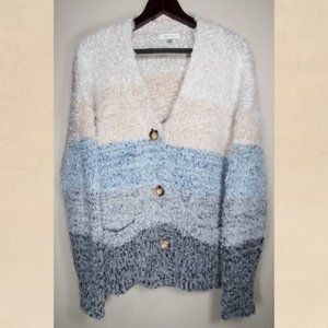 John Paul Richard Womens Large Cardigan Sweater Soft Fuzzy Eyelash Stripe Mom